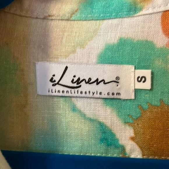 I Linen 100% Linen Top 3/4 Sleeve White and Multicolor Button Shirt Size S - Picture 2 of 5